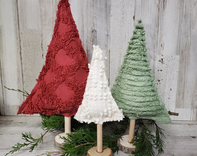 3 Vintage Chenille White and Green Christmas Trees Mantel Etsy