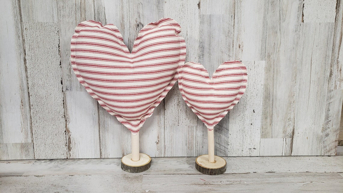 Set of 2 Red Ticking Stuffed Heart Decor / Valentine Mantel image 1