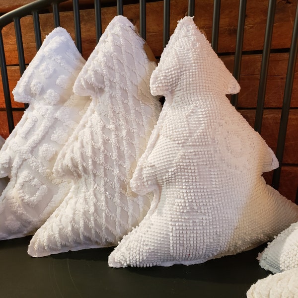 White Chenille Christmas Tree Pillow, Winter Decor,  Holiday Decorations, Christmas Pillow