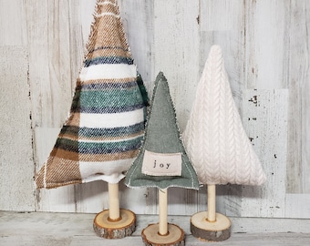 Set di 3 alberi di Natale in tessuto, albero di Natale scozzese verde, decorazioni natalizie in fattoria, maglione natalizio, decorazioni per mensole natalizie