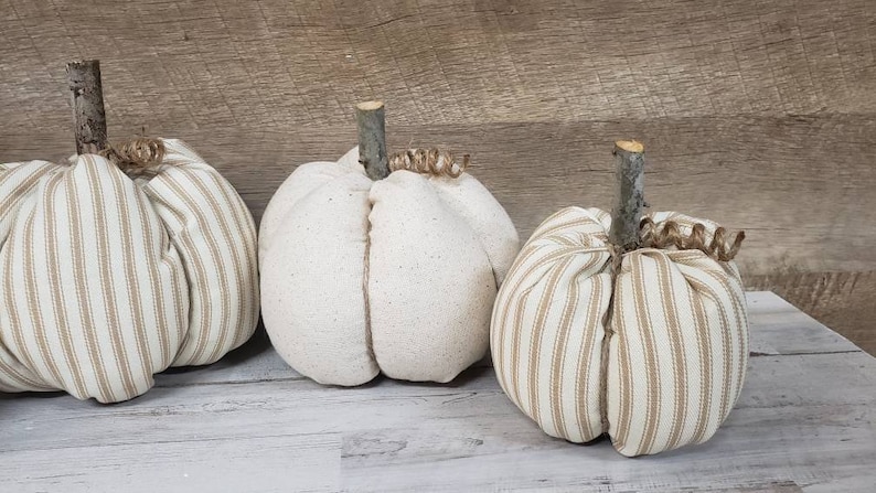 Linen Cloth Pumpkins, Neutral Pumpkins, Ticking Pumpkins, Handmade, Rustic Fall Decorations Autumn Farmhouse Decor, Neutral Farmhouse Decor image 5