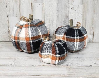 Orange White Plaid Pumpkins Handmade, Halloween Decorations , Rustic Fall Decor, Farmhouse Decor, Fabric Pumpkins, Fall Basket