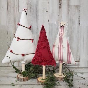 Set of 3 Fabric Christmas Trees, Ticking Christmas Tree , Farmhouse Christmas Decor, Red Ticking Christmas, Christmas Tier Tray