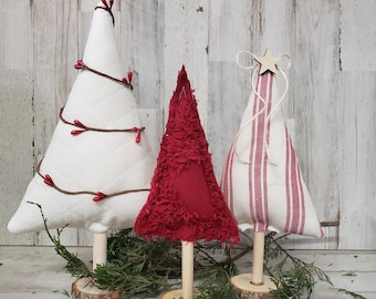 Set di 3 alberi di Natale in tessuto, albero di Natale con ticchetta, decorazioni natalizie in stile fattoria, albero di Natale con ticchetta rossa, vassoio natalizio a più livelli