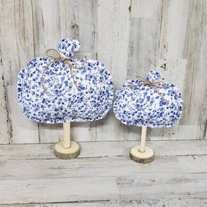 Farmhouse Blue Floral Pumpkins / Farmhouse Pumpkins / Floral Pumpkins / Fall Decor / Fabric Pumpkins / Fall Tiered Tray / Cottage Pumpkins