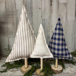 Lot de 3 sapins de Noël en tissu, décoration de Noël d&#39;hiver, décoration de Noël de ferme neutre, Noël à carreaux bleu, cheminée de Noël