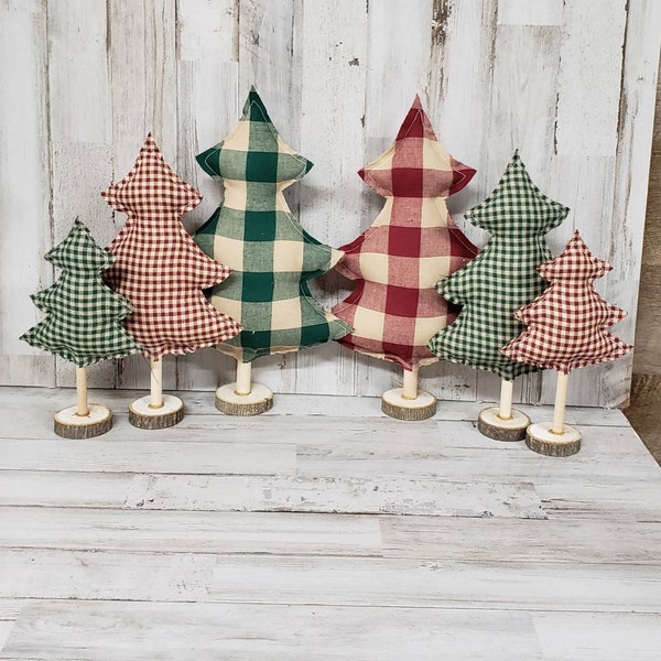 Red and Green Plaid Fabric Christmas Trees, Farmhouse Christmas Decor, Christmas Mantel, Tiered Tray Christmas, Farmhouse Mantel, Christmas