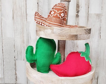 Sommardekoration med flera nivåer i bricka / Kaktusdekoration / Cinco De Mayo-dekoration med flera nivåer i bricka / Tygkaktus / Chilipeppardekoration / Sydvästdekoration