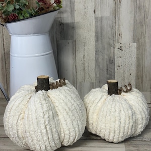 May include: Two round, off-white pumpkins made of a textured, plush fabric. Each pumpkin features a dark brown, cylindrical wooden stem and a small, coiled piece of brown twine attached to the top. The pumpkins are positioned side by side.