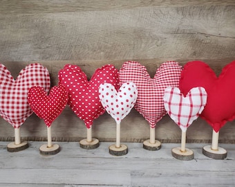 Fabric Hearts on Wooden Stand, Valentine Mantel Decor, Farmhouse Valentine's Decor, Valentine Coffee Bar, Cottage Valentine, Valentine Decor