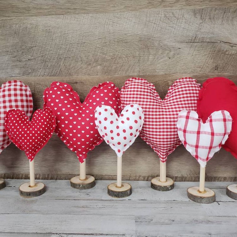 Fabric Hearts on Wooden Stand, Valentine Mantel Decor, Farmhouse Valentine&#39;s Decor, Valentine Coffee Bar, Cottage Valentine, Valentine Decor