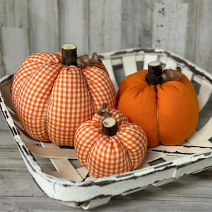 Orange Plaid Pumpkins Fabric Pumpkins, Fall Decorations , Rustic Fall Decor, Farmhouse Fall Pumpkins, Plaid Pumpkins, Tiered Tray