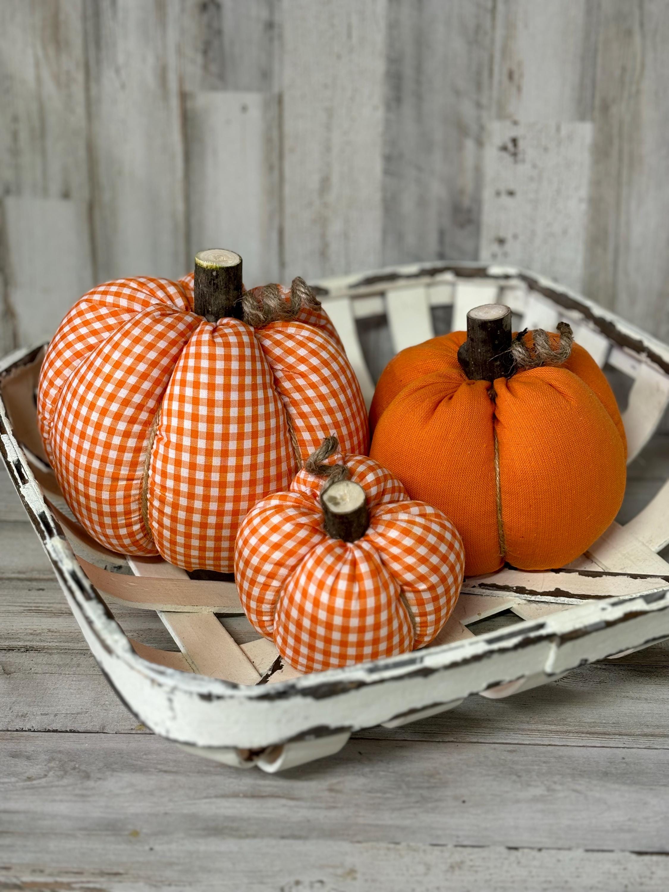 Orange Plaid Pumpkins Fabric Pumpkins, Fall Decorations , Rustic Fall Decor, Farmhouse Fall Pumpkins, Plaid Pumpkins, Tiered Tray