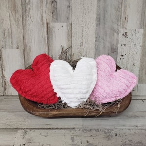 Set of 3 Chenille Hearts, Plush Hearts, Farmhouse Valentine's Day vase and bowl fillers,  Tiered Tray Valentines day decor,Cottage Valentine