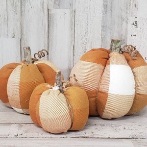 Orange White Plaid Flannel Pumpkins Handmade, Halloween Decorations , Rustic Fall Decor, Farmhouse Decor