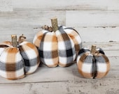Orange White Plaid Pumpkins Handmade, Halloween Decorations , Rustic Fall Decor, Farmhouse Decor, Fabric Pumpkins, Fall Basket