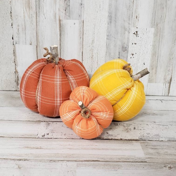 Orange Plaid Pumpkins Handmade, Fall Decorations , Rustic Fall Decor, Farmhouse Decor, Fabric Pumpkins, Fall Basket, Rust Pumpkin