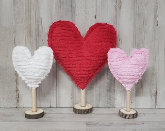 Chenille Hearts on Wooden Stand / Valentine Fabric Hearts / Valentine Mantel Decor / Rustic Valentine's / Farmhouse Valentine's Decor /