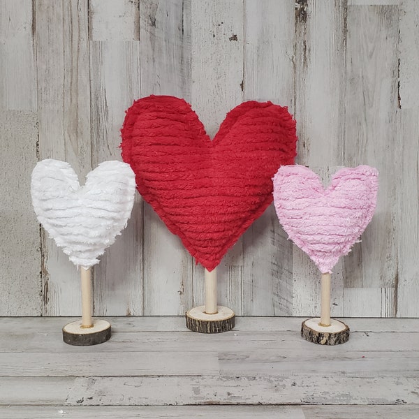 Chenille Hearts on Wooden Stand / Valentine Fabric Hearts / Valentine Mantel Decor / Rustic Valentine's / Farmhouse Valentine's Decor /