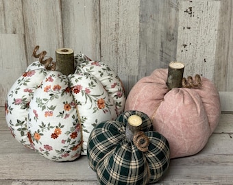 Farmhouse Floral Pumpkins / Farmhouse Pumpkins / Green Plaid Pumpkins / Fall Decor / Fabric Pumpkins / Floral Harvest / Cottage Pumpkins