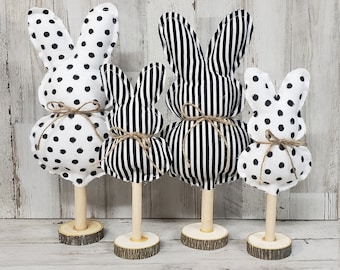 Black Polka Dot Fabric Bunny Decor / Black And White Stripe Bunny/Easter Mantel Decor/ Farmhouse Easter Decor / Spring Decor / Buffalo Bunny