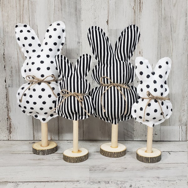 Black Polka Dot Fabric Bunny Decor / Black And White Stripe Bunny/Easter Mantel Decor/ Farmhouse Easter Decor / Spring Decor / Buffalo Bunny