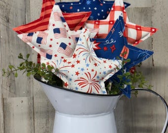 Fabric Star Picks / Farmhouse Patriotic Plant Picks / Freedom Decor / Memorial Day Decor / 4th July decor / Tiered Tray Decor / Hutch Flags