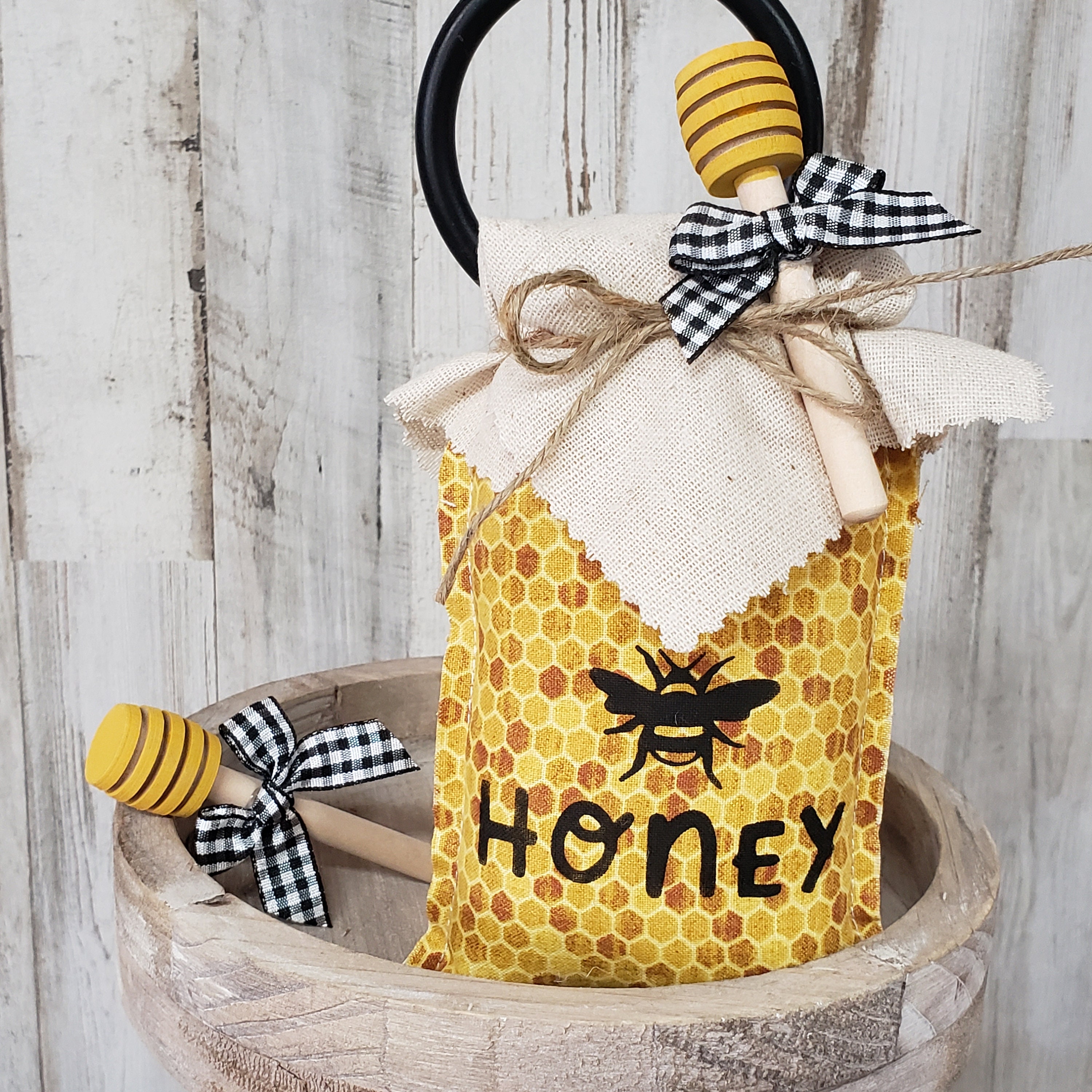 Bee Happy With Honey Bee Dippers, Set of 3, Farmhouse Tiered Tray Decor,  Honey Dippers, Farmhouse Decor, Black and Buffalo Plaid Ribbon 