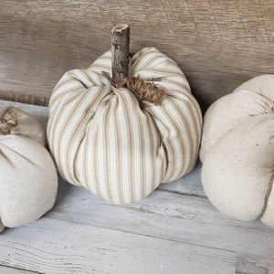 Linen Cloth Pumpkins, Neutral Pumpkins, Ticking Pumpkins, Handmade, Rustic Fall Decorations Autumn Farmhouse Decor, Neutral Farmhouse Decor image 6