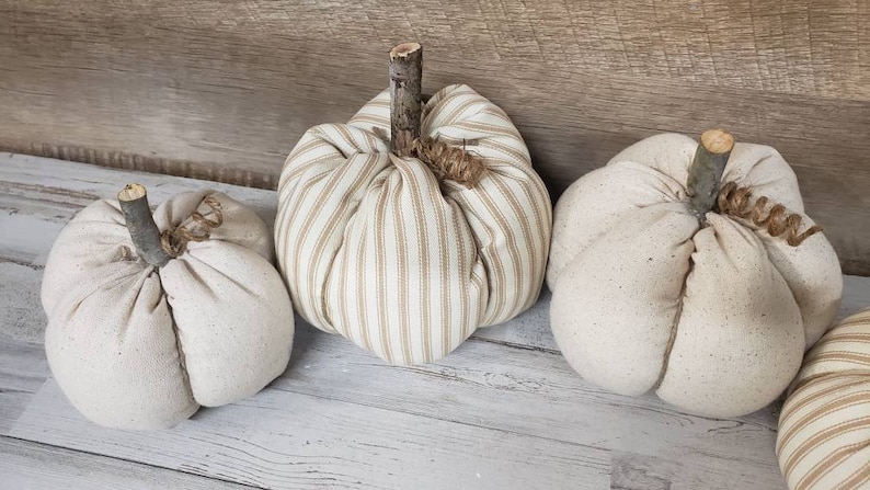 Linen Cloth Pumpkins, Neutral Pumpkins, Ticking Pumpkins, Handmade, Rustic Fall Decorations Autumn Farmhouse Decor, Neutral Farmhouse Decor image 6