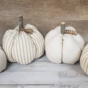 Linen Cloth Pumpkins, Neutral Pumpkins, Ticking Pumpkins, Handmade, Rustic Fall Decorations Autumn Farmhouse Decor, Neutral Farmhouse Decor image 8