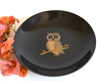 Mid Century Black Couroc Bowl with Wood and Brass Inlay Owl Design