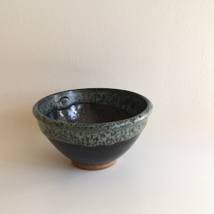 Small Vintage Black and Aqua Glazed Ceramic Bowl