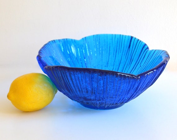 Vintage Deep Blue Glass Bowl with Bark Texture