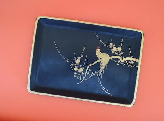 Vintage Black Lacquerware Tea Tray with Rooster Design