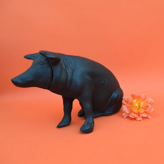 Vintage Cast Iron Black Pig Door Stop Piggy Bank