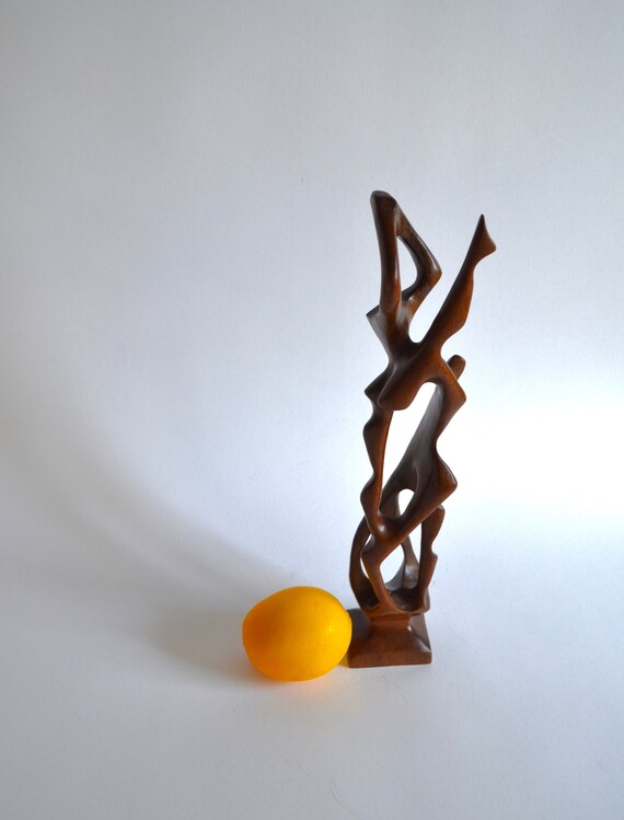 Vintage Hand Carved Wood Modern Sculpture of Acrobats