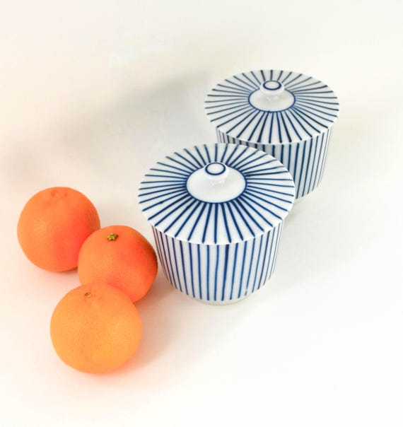 Vintage Pair of Tokusa Striped Porcelain Teacups with Lids