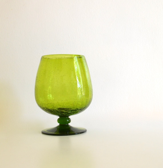 Mid Century Avocado Green Crackle Glass Snifter