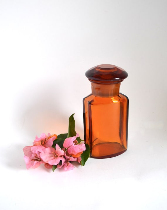 Vintage Amber Glass Pharmacy Bottle with Diamond Shaped Stopper