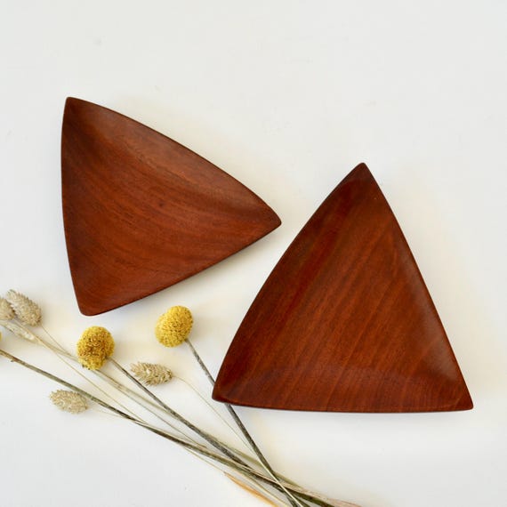 Set of Two Mid Century Small Wood Triangle Shaped Trays