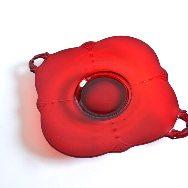 Vintage Rubin rot Glas Paden Stadt Krähe Fuß Muster Behandelte Kuchenplatte