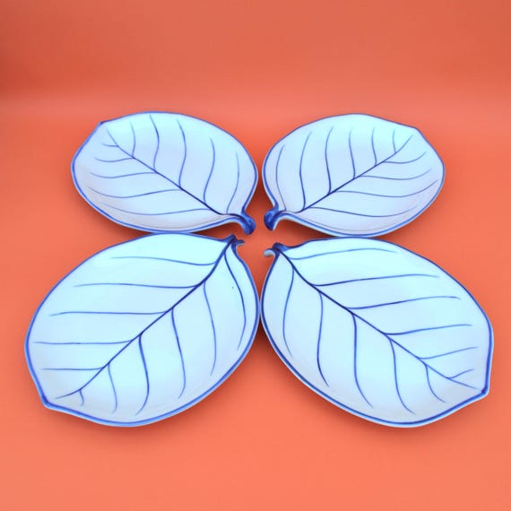 Vintage Ceramic Leaf Shaped Plates in White with Blue Set of Four