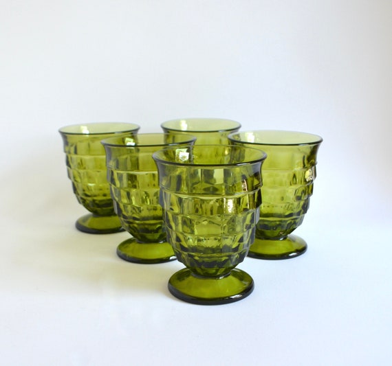 Set of Five Mid Century Whitehall Footed Tumblers in Avocado Green by Colony