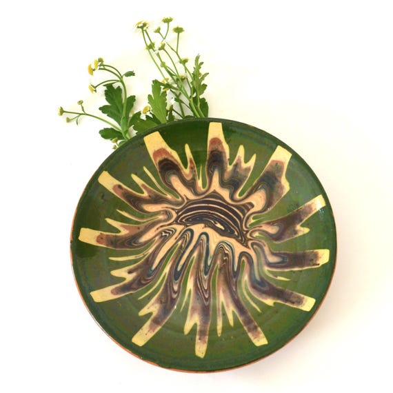 Vintage Swirl Glazed Studio Pottery Green Yugoslavian Plate