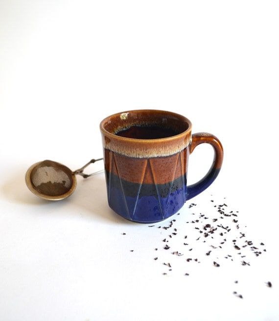 Vintage Drip Glaze Coffee Mug in Brown and Cobalt Blue Ombre