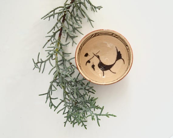 Vintage Tiny Pottery Bowl with Bird Design