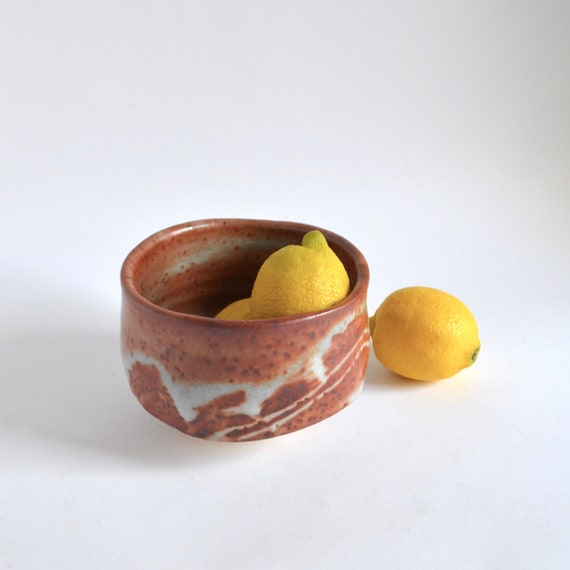 Small Vintage Rust and White Studio Pottery Footed Ceramic Bowl