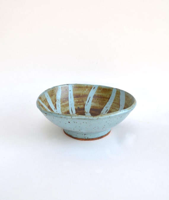 Vintage Studio Pottery Ceramic Bowl in Sky Blue and Iron Glaze