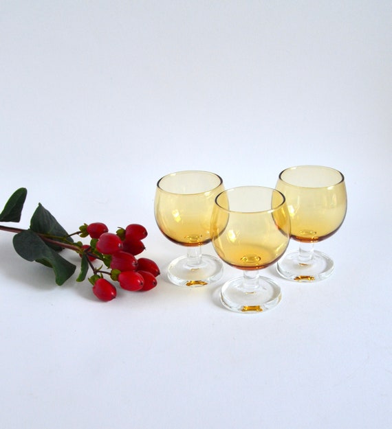 Mid Century Set of Three Cordial Glasses in Amber with Clear Stems